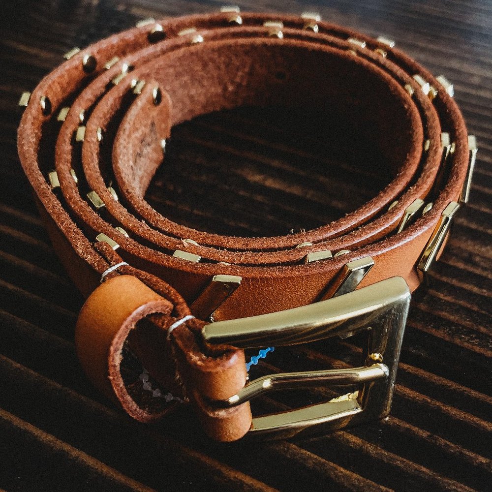 Women's Tan Leather Studded Belt with Gold Buckle